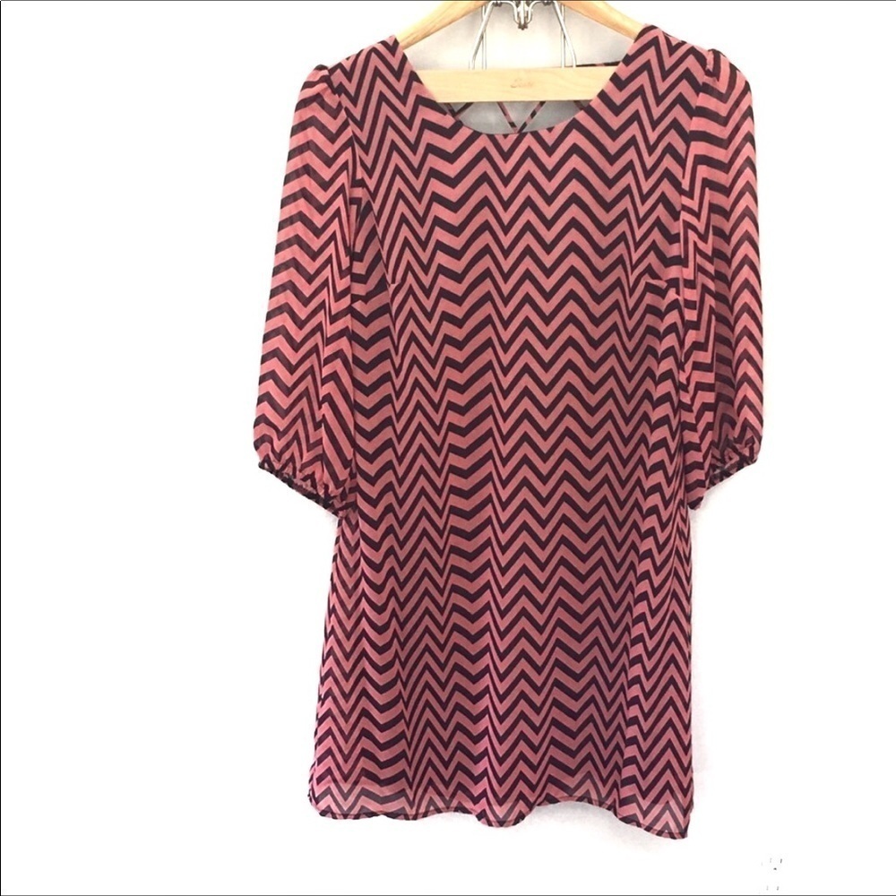 Enfocus Studio Pink and Black Chevron Shift Dress with Criss Cross Back